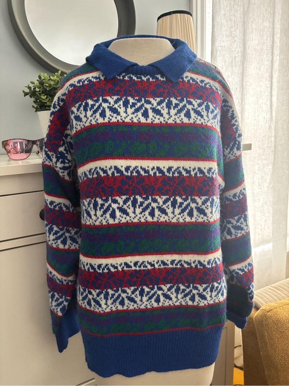 Blue Fair Isle Crewneck Sweater with Green & Red Stripes